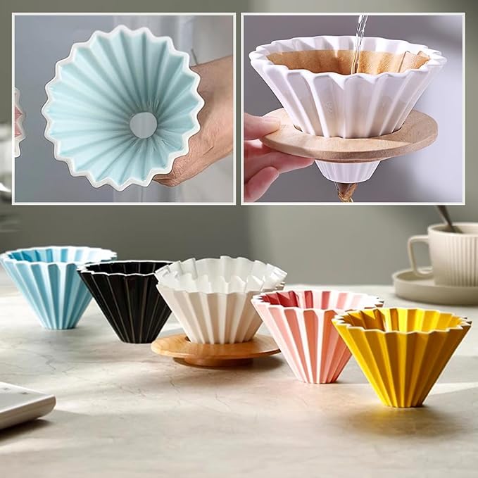 Ceramic Coffee Dripper with Wood Cup Stand Pour Over Coffee Maker Elegant Flower-shape V60 Strainer for 1-2 Cups Slow Brewing Accessories for Home Coffee Shops Restaurants Pink