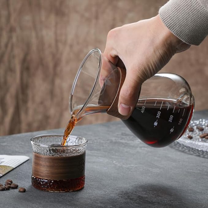 BeeCa Single-Serve Coffee Essential, Pour Over Coffee Maker Set, Reusable Stainless Steel Filter + Heat-Resistant Glass Carafe, Stylish Wood Collar, 1-2 Cup Portable & Easy Clean