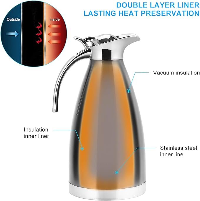 Fdit 1.5L/2L Coffee Tea Pot Stainless Steel Double Wall Vacuum Insulated Pot Jug Hot Water Bottle(Silver 2L)