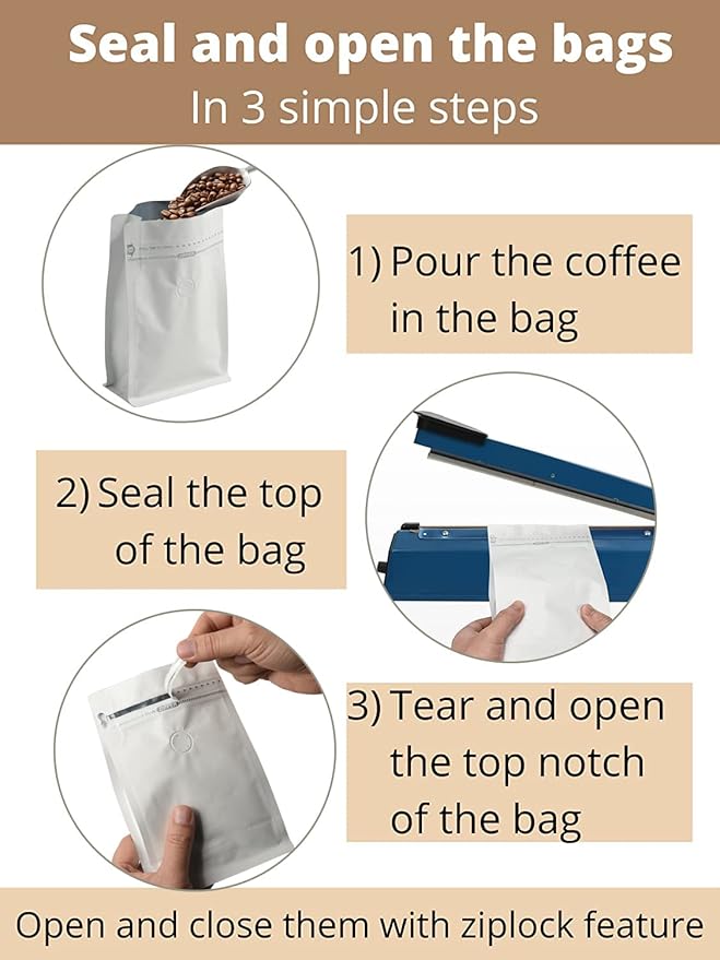 100 Count 8 Ounces White Kraft Paper Coffee Bags - High Barrier Aluminium Foil Liner - Flat Bottom Coffee Pouches with Degassing Valve, Resealable Zipper & Easy Open Tape
