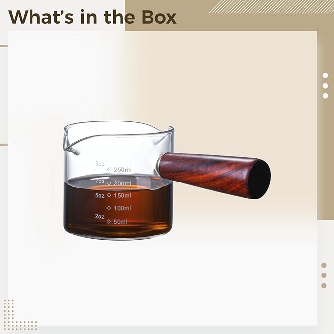 250 ML Glass Espresso Measuring Cup with Wooden Handle, Dual Pouring Spouts, Ounce & ML Measurements