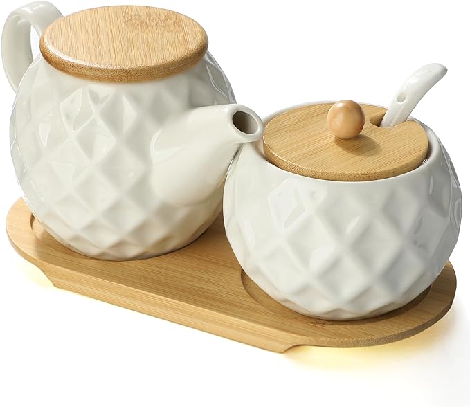 Ceramic Creamer and Sugar Sets,12oz Cream Pitcher, 7.5oz Sugar Bowl with Tray, Spoon and Lid for Cream and Sugar Spices, Condiments, Coffee Accessories,Tea