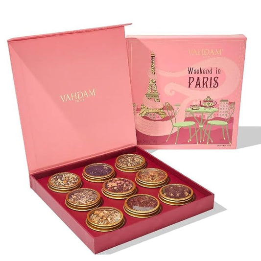 VAHDAM, Weekend in Paris Valentines Day Tea Gift Set - 9 Loose Teas | Tin Caddy Travel Edition Gift Box | Valentines Day Gifts for Him & Her | Gluten Free, Non GMO
