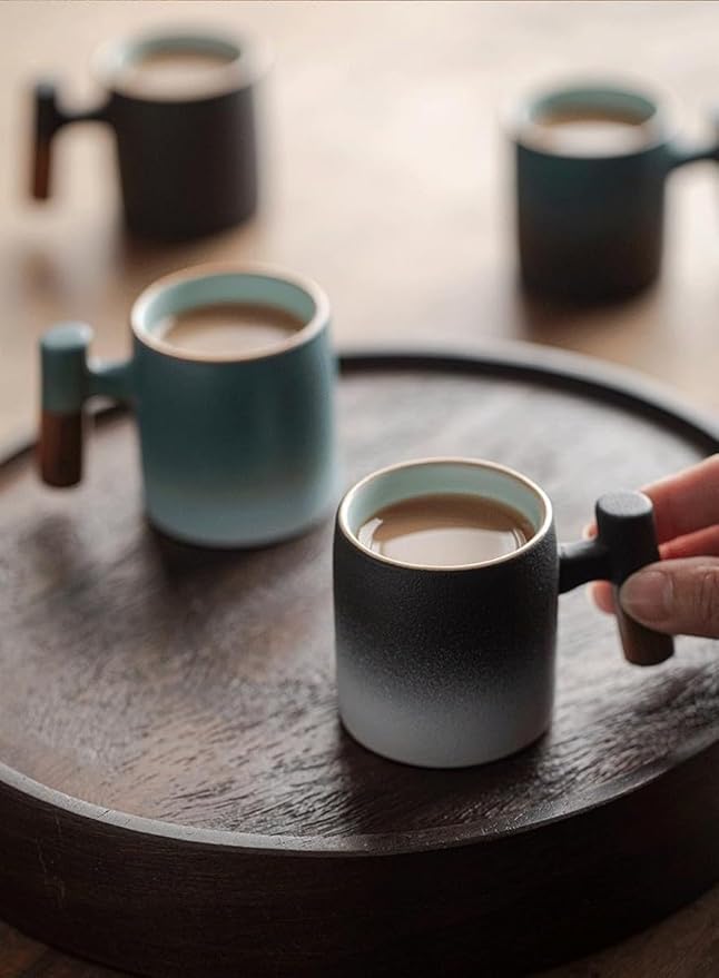 2-Oz Ceramic Espresso Cups with Wood Handle, 2/4-Piece Set for Coffee, Tea, Latte - Dishwasher Safe, Multi-Color & Wood Styles, Gift & Café Use (black white, Wooden Handle4)
