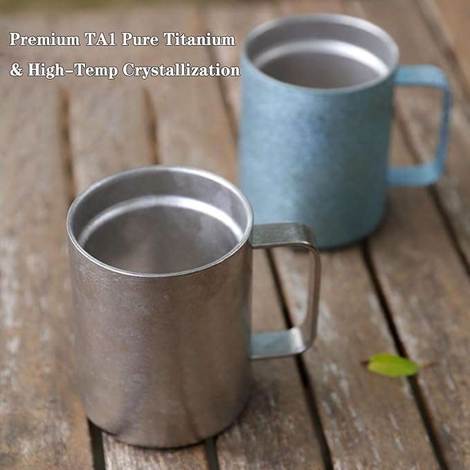 Pure Titanium Mug 400ml (13.5oz) with Leak-Proof Lid Double Wall Insulated Camping Cup Lightweight Travel Drinkware for Coffee, Hiking, Office, Easy Clean RT103T (Silver)
