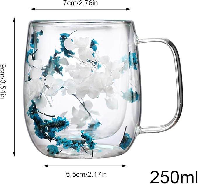 Dried Flowers Insulated Glass Double Wall Coffee Mug With Handle 250ml/390ml Transparent Double Glases Flower Tea Cup Latte Coffee Cup Borosilicate Glass Tea Mug