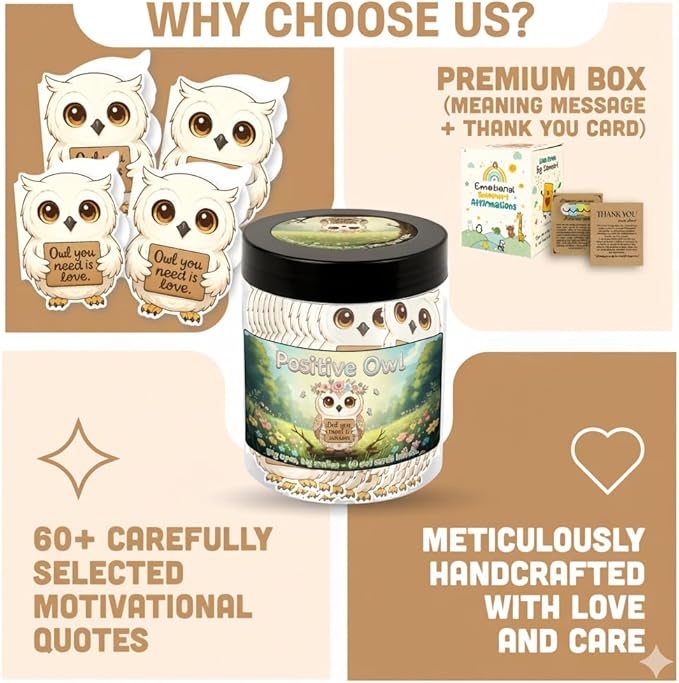 Positive Owl Jar With 60 Affirmation Cards – Emotional Support Owl Gifts For Women, Stress Relief And Daily Encouragement, Owl Themed Gifts, Office Decor For Women