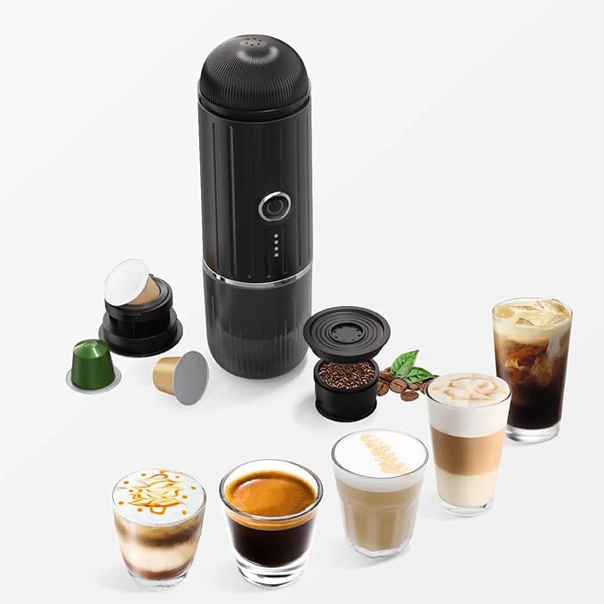 Portable Espresso Machine with 3-4 Min Self-heating, 12V Rechargeable Electric Coffee Machine 19 Bar Compatible with NS Capsules and Ground Coffee (Red)
