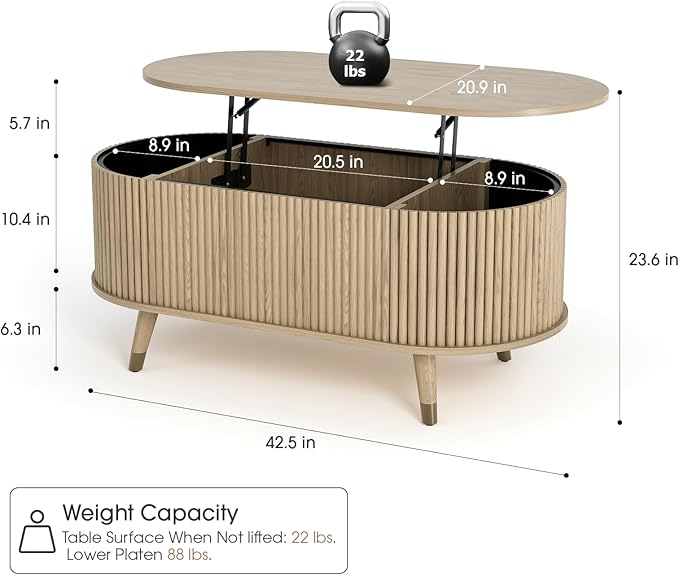 42.5" Oval Lift Top Coffee Table with Storage, Modern Oak Center Table with Fluted Design, Solid Wood Legs & Hidden Compartment, Pop Up Cocktail Table for Living Roomm