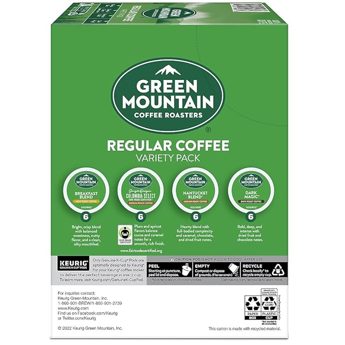 Green Mountain Coffee Variety Pack, K-Cup Pods, 24 Count, Breakfast Blend, Vermont Country Blend, French Roast, Dark Magic