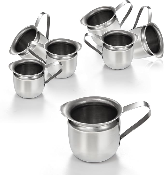 Fit Meal Prep [6 Pack] 3 oz Creamer Pitcher - Stainless Steel Bell Creamers, Mini Cup Container for Serving Milk, Coffee Cream, Salad Dressing, Maple Syrup, Espresso Machine for Restaurant, Cafes