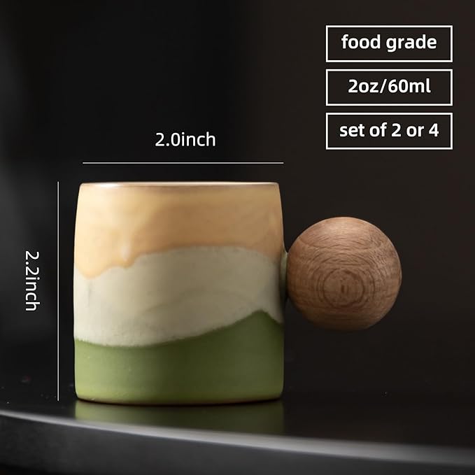 2-Oz Ceramic Espresso Cups with Wood Handle, 2-Piece Set for Coffee, Tea, Latte - Dishwasher Safe, Multi-Color & Wood Styles, Gift & Café Use (Kiln turning green, Round Handle2)
