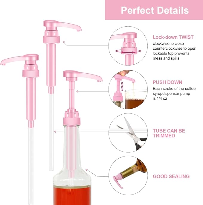 Pink Coffee Syrup Pump | Suitable for 25 oz/750 ml Torani, Jordan's Skinny, Davinci, and Monin 33.8 oz Plastic Bottles | Not Suitable for Monin Liter 750 ml | 6-Pack