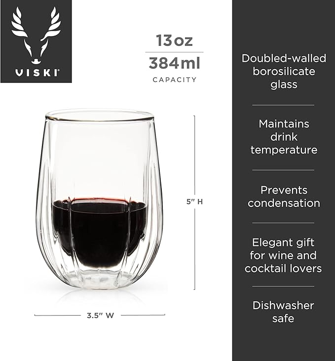 Viski Insulated Double Walled Stemless Wine Glasses, Drinking Glass with Cut Crystal Design, Home Bar Accessories, Glassware, 13 oz, Set of 2, Clear