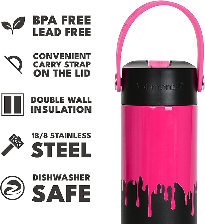 Elemental 24oz Insulated Water Bottle with Straw - 100% Leak-Proof Stainless Steel Core Water Bottles for Travel, Sports and Gym - Double Wall Insulation & BPA Free - Hot Pink Drip