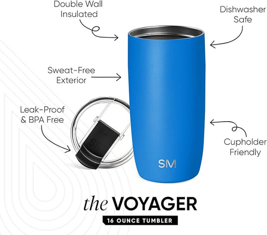Simple Modern Travel Coffee Mug Tumbler with Flip Lid | Reusable Insulated Stainless Steel Cold Brew Iced Coffee Cup Thermos | Gifts for Women Men Him Her | Voyager Collection | 16oz | Supersonic Blue