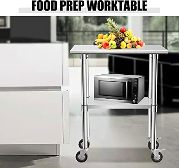 Stainless Steel Table - Metal Table Cart - Commercial Workbench with Caster Wheel - NSF Certified - for Restaurant, Warehouse, Home, Kitchen, Garage,30''x18''