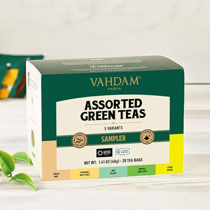 VAHDAM, Assorted Green Tea Bags Sampler (5 Flavors, 20 Ecofriendly Pyramid Tea bags) I Valentines Day Gifts for Him & Her | Himalayan Green Tea Varieties | Gluten Free & Non GMO