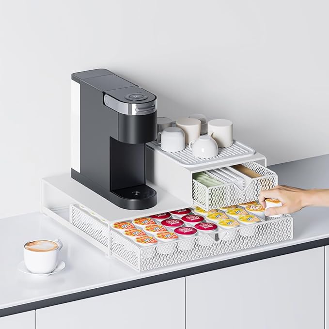 Coffee Maker Countertop Organizer,K Cup Pod Drawers,60 Coffee Capsule Pod Holder,Integrated Design Requires No Assembly.Slidng Storage Pod Baskets,K Cup holder,Silicone Drink Coasters