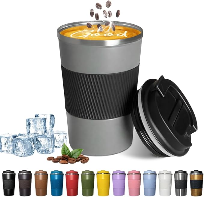 YINBAOGE Insulated Travel Coffee Mug, Spill & Leak Proof, Portable To Go Camping Stainless Steel Coffee Tumbler, Reusable Thermal Coffee Cup with Lid for Hot & Cold Drinks (Grey, 12 OZ)