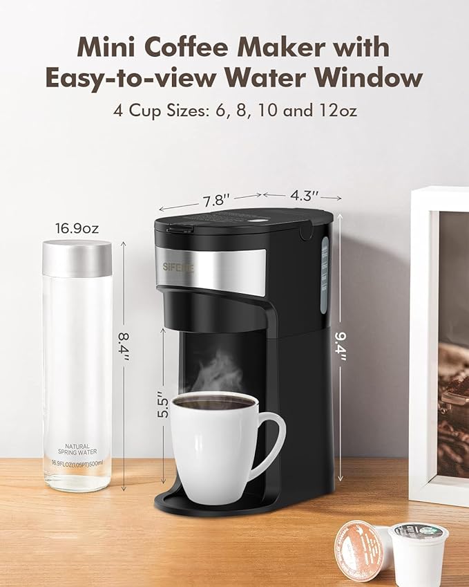 SIFENE Mini Single Serve Drip Coffee Maker – 2-in-1 Portable Machine for K-Pods & Grounds. Fast Brew, Easy Clean, Auto Shut-Off, Water Window, Descaling Reminder. BLACK
