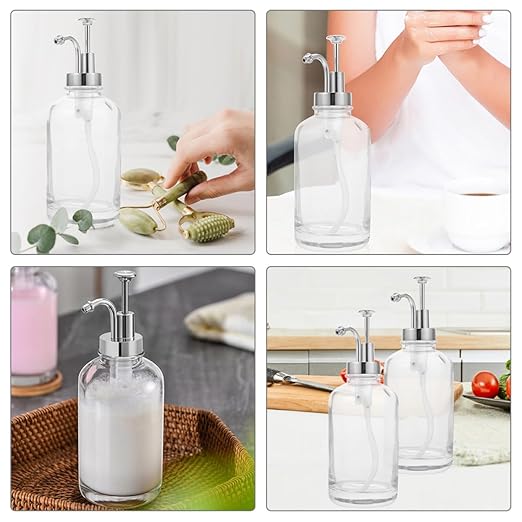 MUSISALY 2pcs Glass Syrup Pump Dispenser Bottles with Silver Pump Glass Coffee Syrup Pourer for Kitchen and Coffee Bar Multipurpose Condiment Dispensers Jam Honey