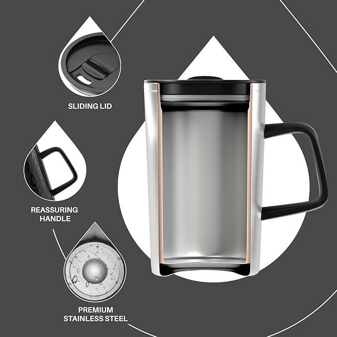 Ideus Vacuum Insulated Coffee Mug, 16oz Reusable Stainless Steel Thermal Double Walled cup with Handle and Slider Lid for Hot & Cold Beverages, BPA Free (Leapord Black)