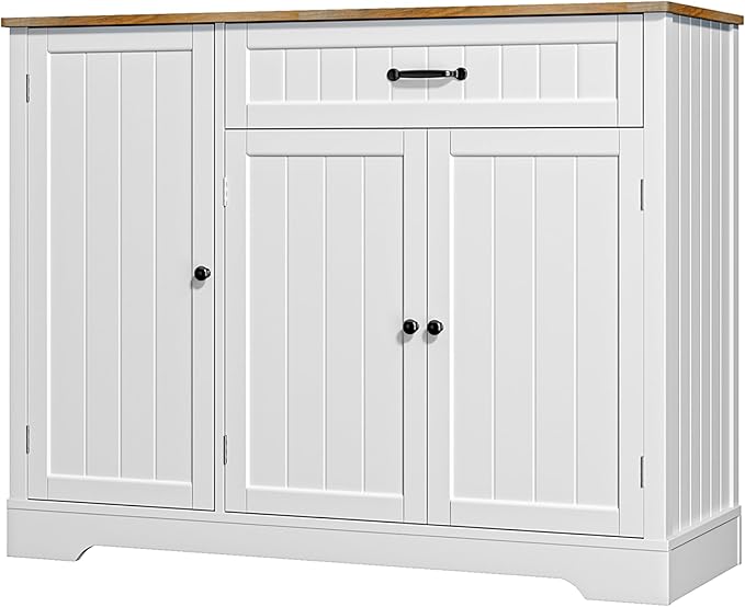 Gizoon Kitchen Coffee Bar Cabinet with Storage Kitchen Sideboard Buffet Cabinet with Drawers, Short Pantry with Door and Shelves for Bathroom and Living Room, White and Rustic