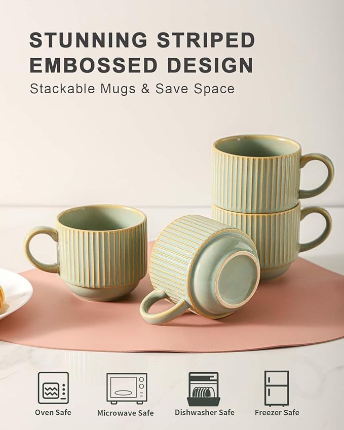 HASENSE Ceramic Coffee Mugs Set of 4 with Rack - 15 oz Stackable Large Porcelain Ribbed Latte Cup Set for Cappuccino, Tea, Hot Cocoa, Drinks - Dishwasher & Microwave Safe, Green Earth