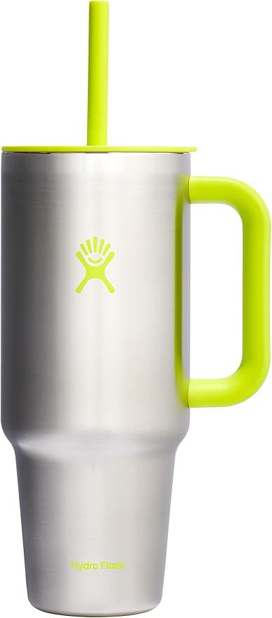 Hydro Flask Travel Tumbler with Handle, Lid and Straw - Insulated Stainless Steel in 40 Oz Stainless Steel Lime