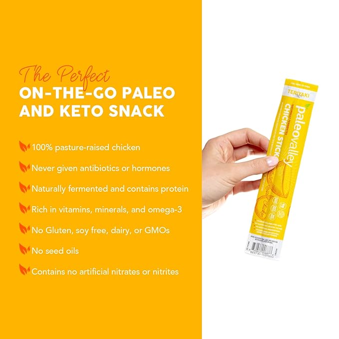 Paleovalley Pasture-Raised Chicken Sticks – 10 Pack – 7g Protein per Stick – Keto-Friendly, Paleo, Gluten-Free, Nitrate-Free – On-the-Go Snack (10 Pack, Teriyaki)