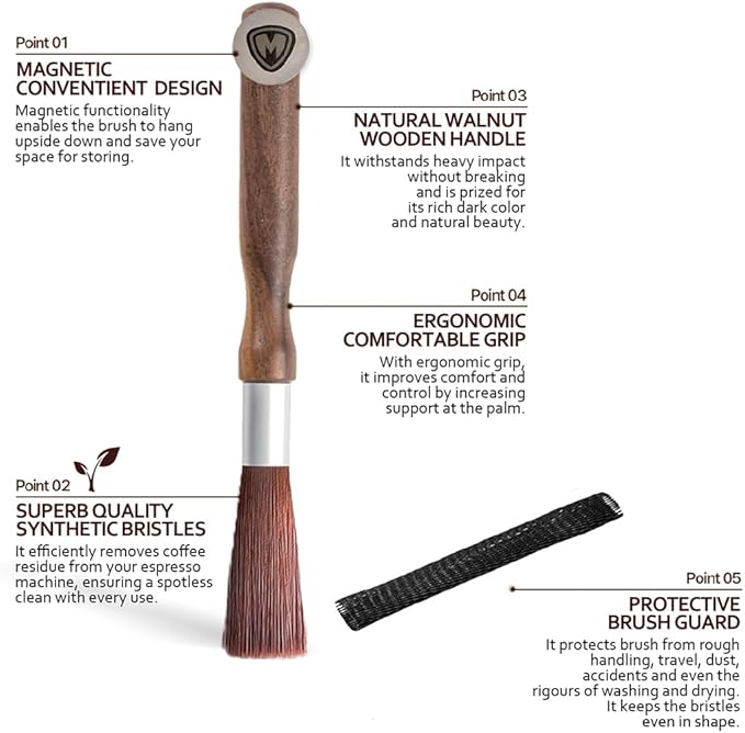 MAGNET Professional Coffee Grinder Cleaning Brush Coffee Brush Handling Accessory Tool Walnut Brush Handle Synthetic Bristle with magnetic snap for Camping Home Kitchen Barista