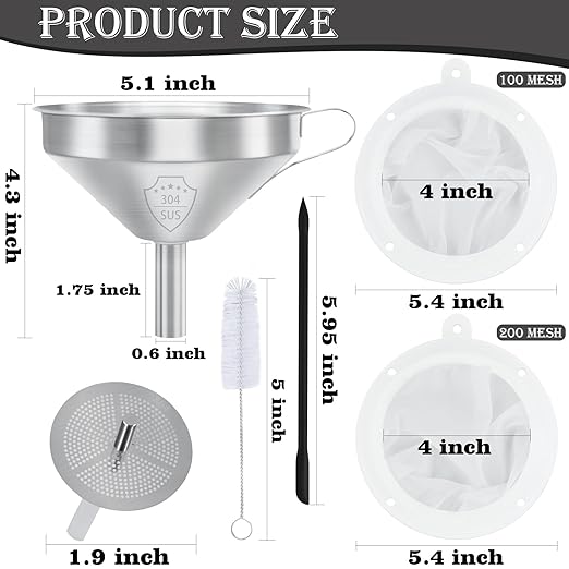 Kitchen Funnel for Filling Bottles, 5 Inch 304 Stainless Steel Funnel with Strainer for Transferring Oils Juices Wine Milk with Silicone Scraper and 100 Mesh 200 Mesh Filtel