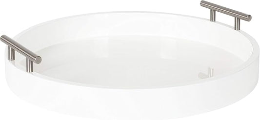 Kate and Laurel Lipton Modern Round Tray, 15.5 inch Diameter, White and Silver, Decorative Accent Tray for Storage and Display