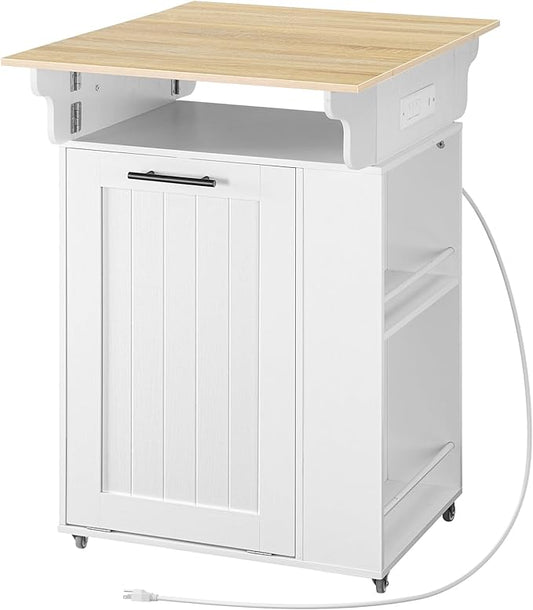 HOOBRO Kitchen Island with Trash Can Storage, Island Table with Drop Leaf Countertop, Rolling Kitchen Cart on Wheels, Storage Island with Power Outlet & Spice Rack, White and Natural WN33UZD01
