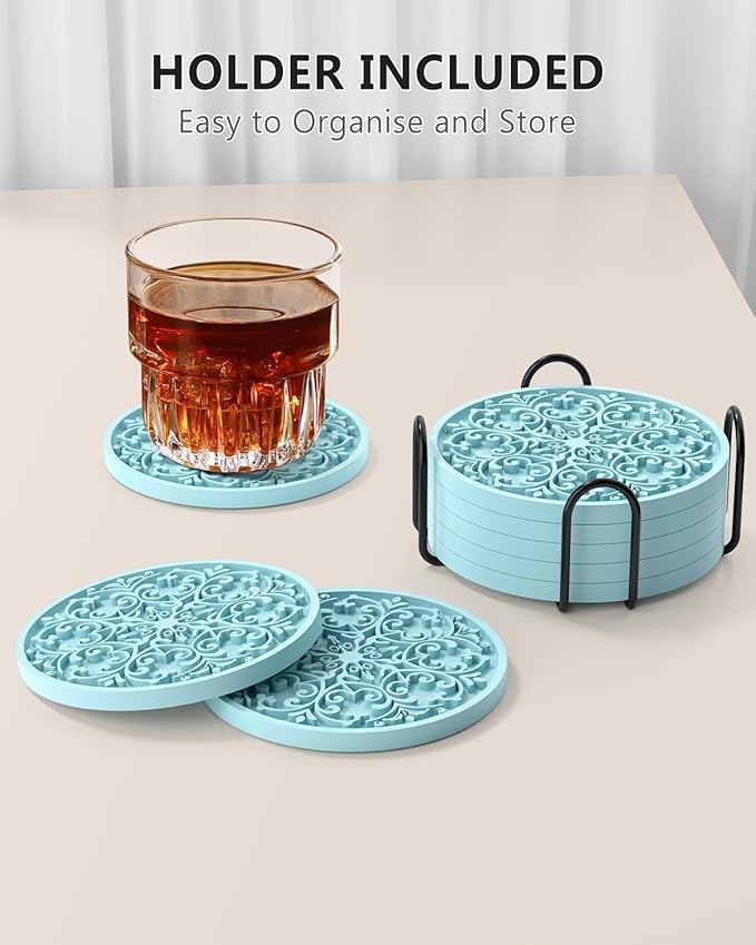 Drink Coasters, Coasters Set of 6 for Cup with Holder, Non-Slip Silicone Cup Mats for Hot and Cold Drinks, Cute Absorbent Coffee Bar Accessories Table Decor, Blue