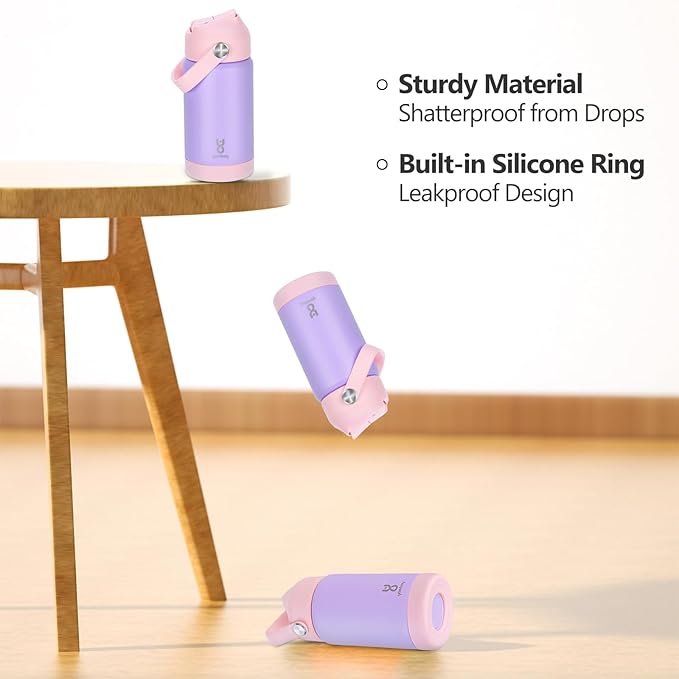Kids Insulated Water Bottle with Straw Lid & Silicone Handle,12oz Kids Leak Proof Water Bottle for School Boys Girls,Double Wall Vacuum Stainless Steel with Non-slip Silicone Base(Light Purple)