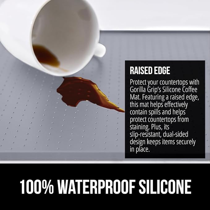 GORILLA GRIP Silicone Coffee Mat, 15x23, Espresso Machine Bar Accessories, Keep Kitchen Counters Clean, Stays in Place, Waterproof and Heat Resistant Dish Drying Mats, Home Decor Essentials, Gray