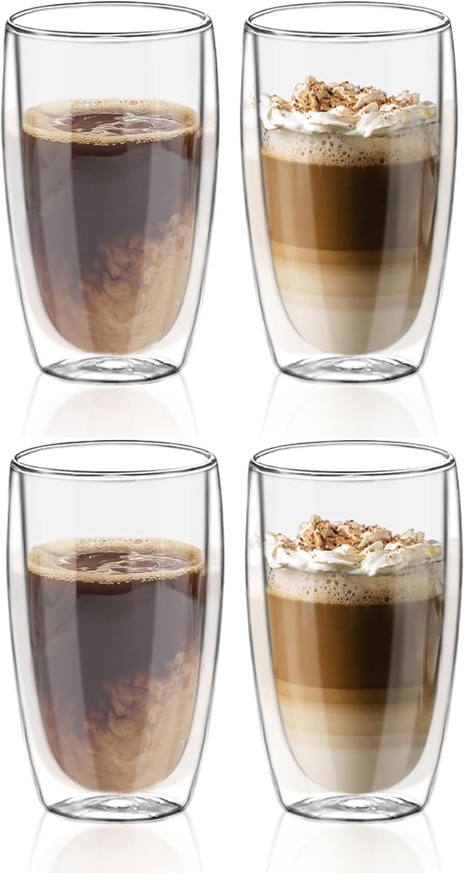 Glass Coffee Cups Set of 4, 15 oz Insulated Double Wall Glass Espresso Cups, Coffee Mug for Espresso, Cappuccino, Latte, Tea