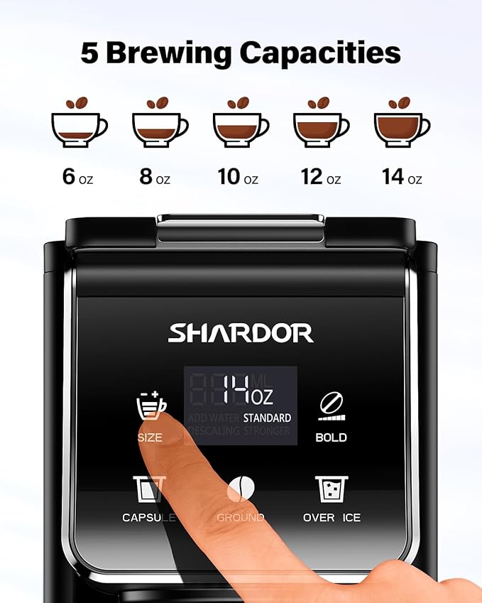 SHARDOR Coffee Maker Hot & Iced With Bold Setting,Single Serve Coffee Maker For K Cup And Grounds，52 Oz Removable Water Tank,6-14 Oz Brew Sizes,One Cup Kcup Coffee Machine With Reusable Filter, Black