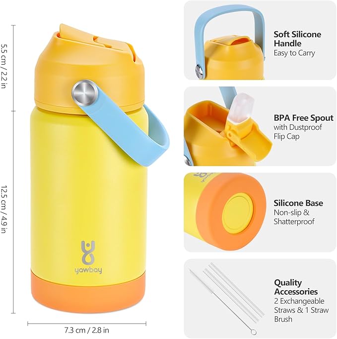 Kids Insulated Water Bottle with Straw Lid & Silicone Handle,12oz Kids Leak Proof Water Bottle for School Boys Girls,Double Wall Vacuum Stainless Steel with Non-slip Silicone Base(Yellow)