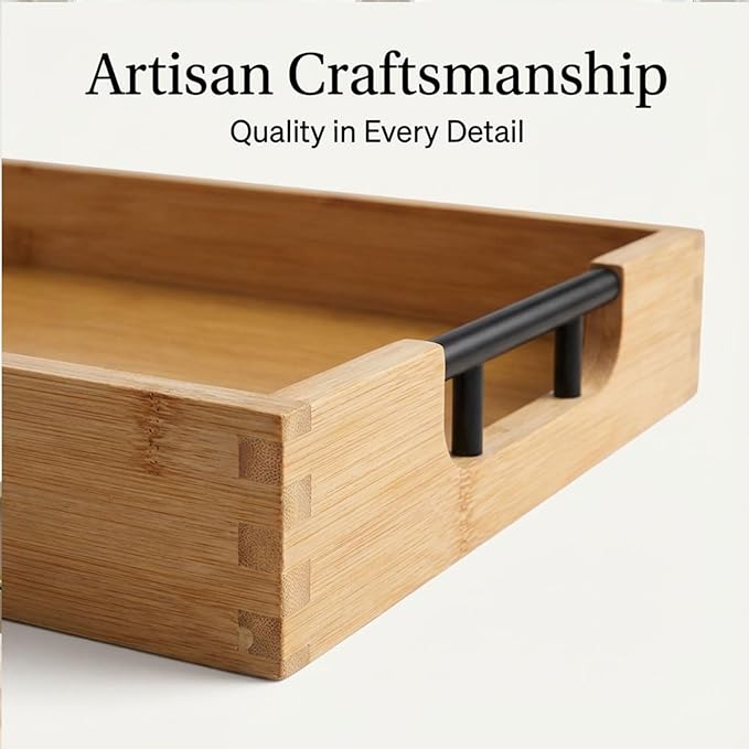 Krismax Wooden Serving Tray with Handles, Serving Platter 15.7x11.4 Inch Food Drinks Tray for Coffee Table,Decorative Storage Tray for Entertaining, Breakfast Tray in Bed,Lunch,Dinner,BBQ(Bamboo)