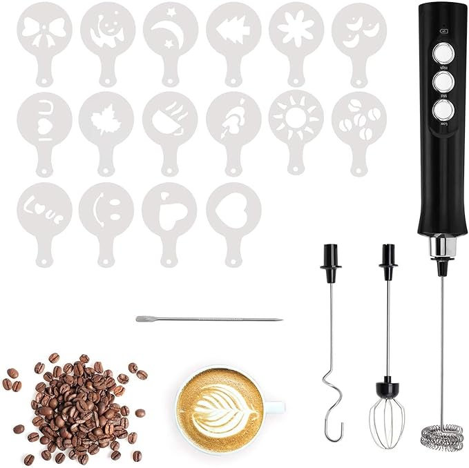Milk Frother Handheld Rechargeable, Frother Wand Drink Mixer Electric Whisk for Coffee, Detachable With 3 Stainless Whisks, Hand Mixer for Lattes, Cappuccino, Matcha, Egg (OLIVE GREEN) with Stand