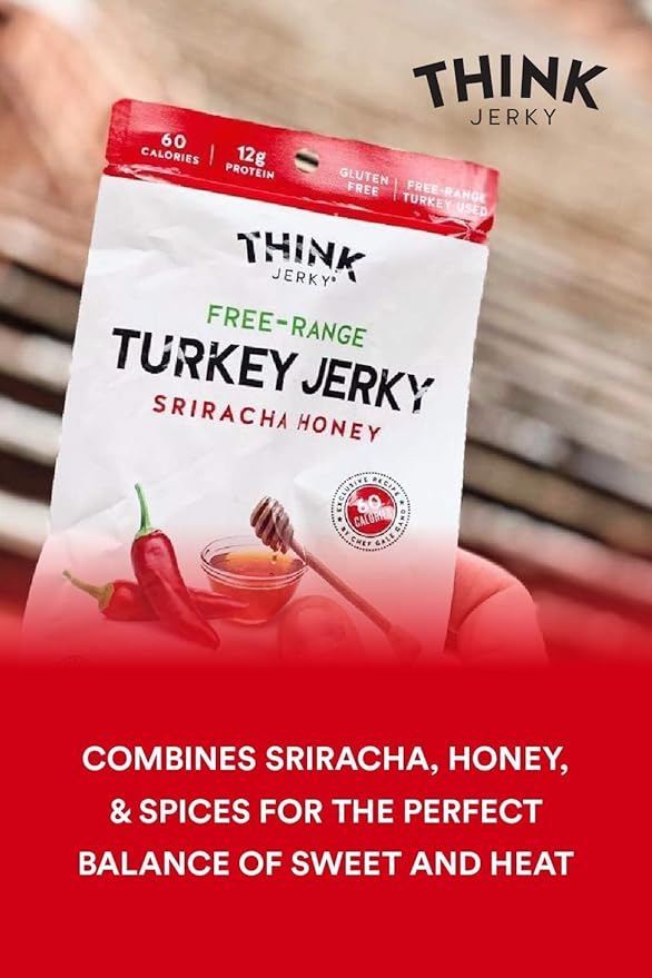 Think Jerky Sriracha Honey Turkey Jerky, Chef Crafted Free Range Turkey, Gluten Free, No Antibiotics or Nitrates, Healthy Chef Crafted Recipe, Low Calorie and Low Fat - 1.0 oz Bags, 8 Pack