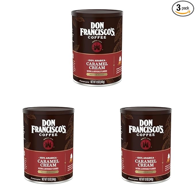 Don Francisco's Caramel Cream Ground Flavored Coffee: Rich, Aromatic 100% Arabica Beans - Expertly Roasted for a Delightful Morning Brew (3 x 12 oz Cans)