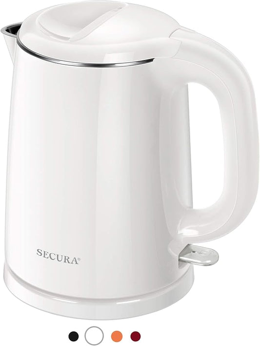 Secura Stainless Steel Double Wall Electric Kettle Water Heater for Tea Coffee w/Auto Shut-Off and Boil-Dry Protection, 1.0L (White) SWK-1001DW/HB-K012