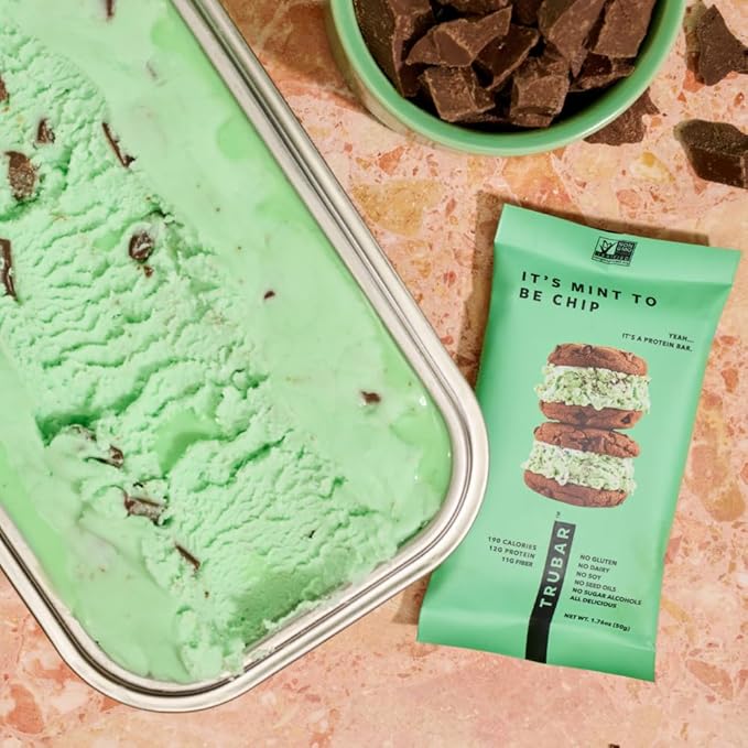 TRUBAR Vegan Protein Bars - Soy Free, Dairy Free, Gluten Free Protein Bars - No Sugar Alcohols - Non-GMO - 12g of Protein - It's Mint To Be Chip - 12 Count