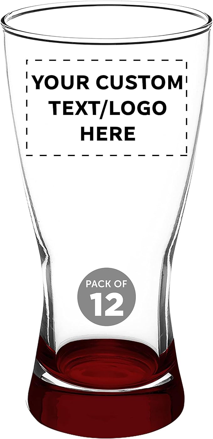 Custom Pilsner Glasses 13.25 oz. Set of 12, Personalized Bulk Pack - Made in the USA, Perfect for Hotels, Restaurants, Bars and Even Party Favors - Red