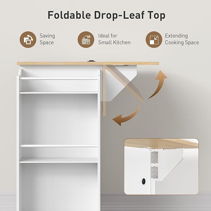 Kitchen Island with Power Outlets & Drop Leaf, Rolling Kitchen Cart on Wheels, Kitchen Storage Island with Spice Rack and Drawer, Mobile Island Table for Kitchen, Dinning, White and Natural