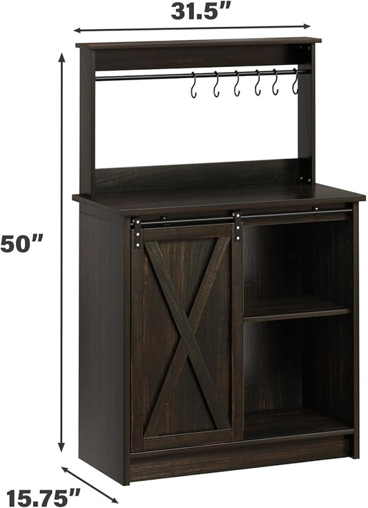 4ever2buy Farmhouse Coffee Bar Cabinet with Hutch, 50 Inch Coffee Bar Hutch with Sliding Barn Door & 6 Hooks for Living Dining Room, Dark Oak | Sliding Barn Door, 6 Hooks